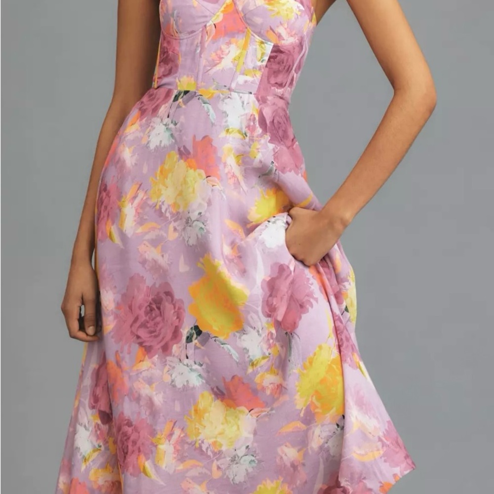 Monique Lhuillier Lavender Floral Midi Dress